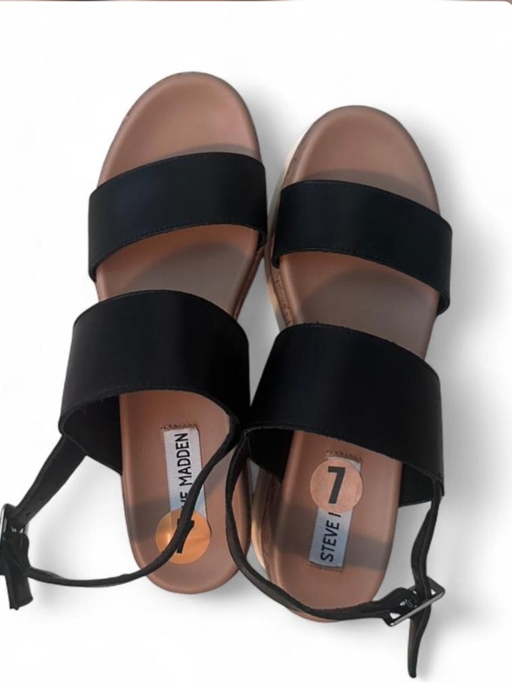 Steve Madden Black Leather Platform Cork Sandals - Picture 3 of 4